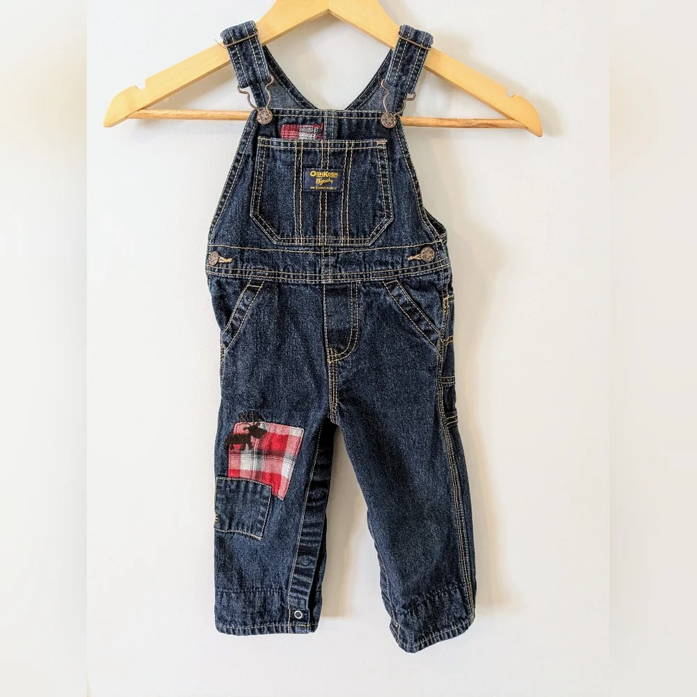 OshKosh B'Gosh Vestback Overalls Size 18M Denim Moose Embroidered Plaid Holiday